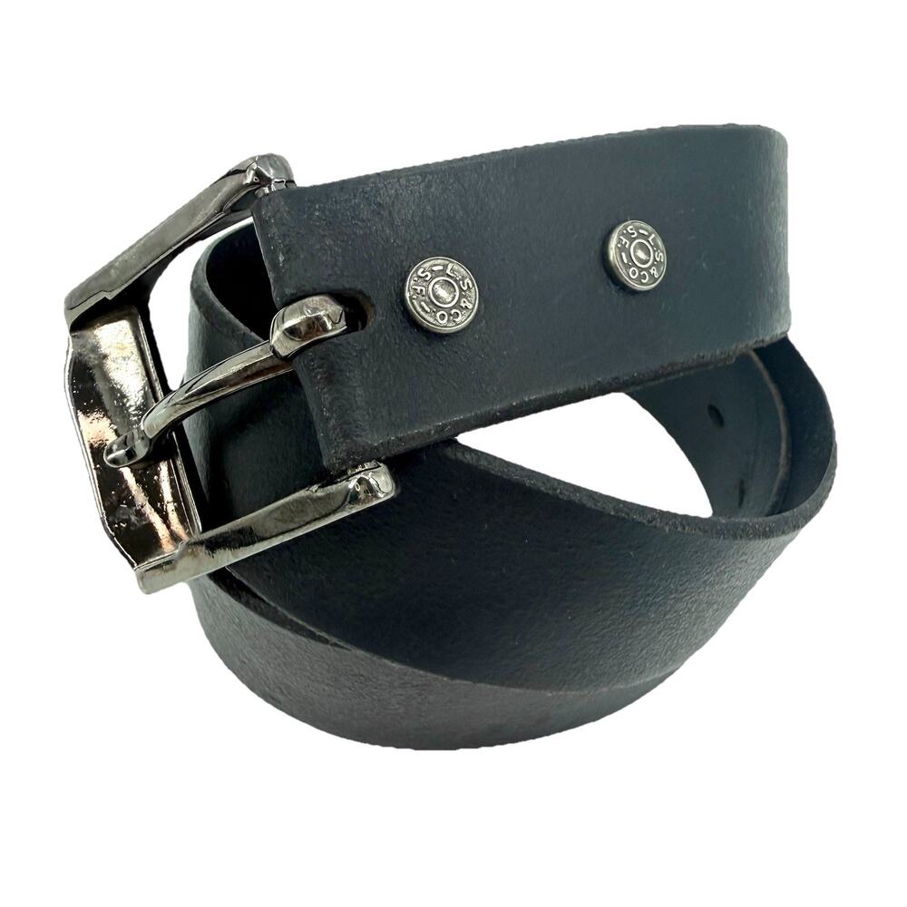 Levi's Black Leather Belt USA Made Size 32 Waist Gun Metal Gray Buckle